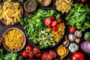 "A vibrant pasta salad with fusilli, vegetables, and fresh herbs, demonstrating the perfect texture and color balance."

