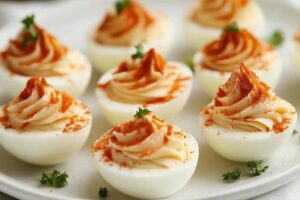 A plate of freshly made deviled eggs topped with paprika, ready for serving at a gathering.

