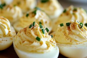 A plate of freshly made deviled eggs topped with paprika, ready for serving at a gathering.

