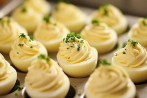 A plate of freshly made deviled eggs topped with paprika, ready for serving at a gathering.

