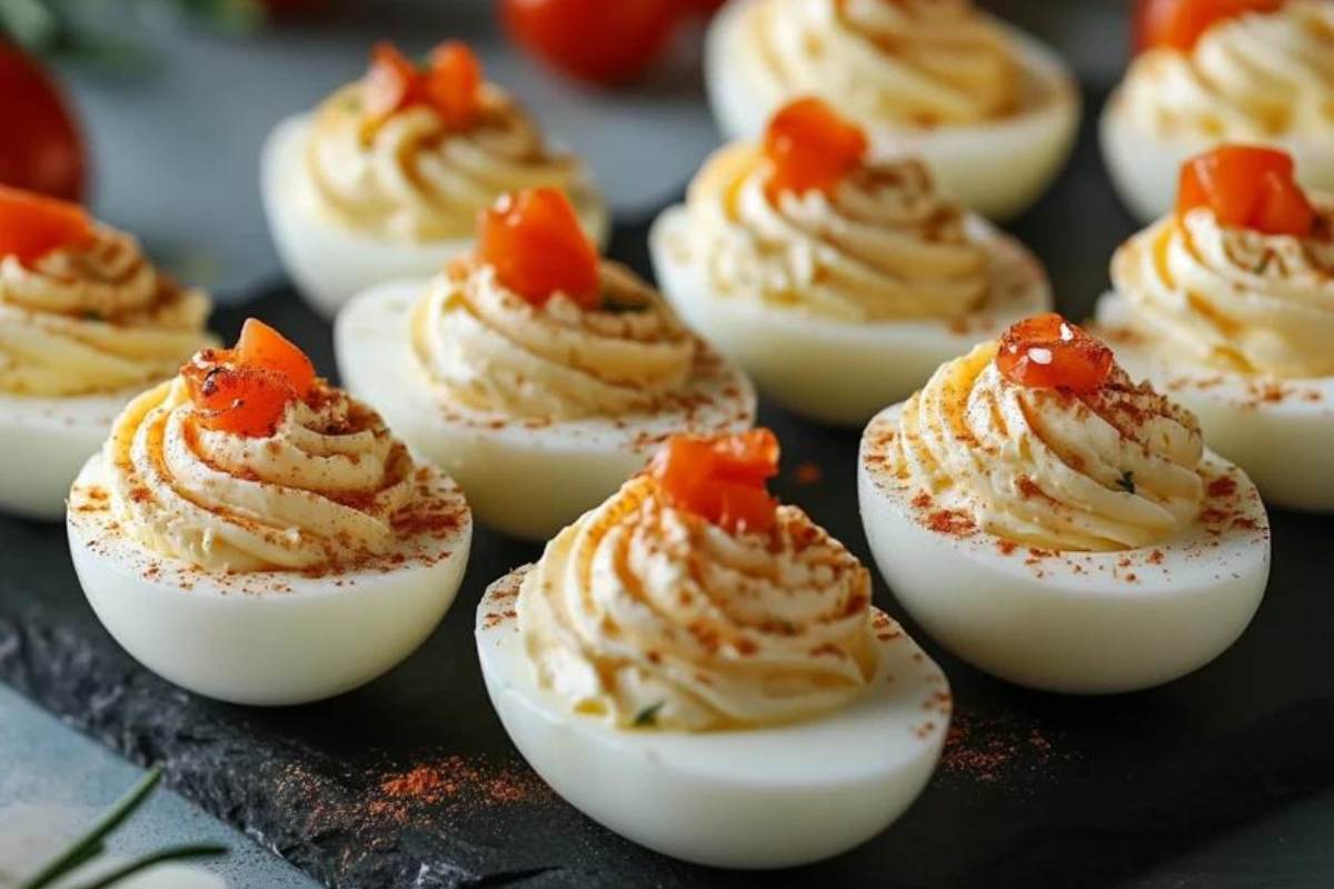 A plate of freshly made deviled eggs topped with paprika, ready for serving at a gathering.