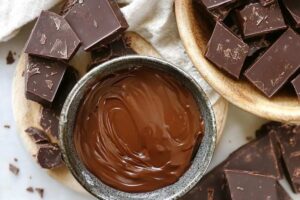 An image comparing chocolate sauce and chocolate fudge, highlighting their texture, color, and typical uses in desserts. 