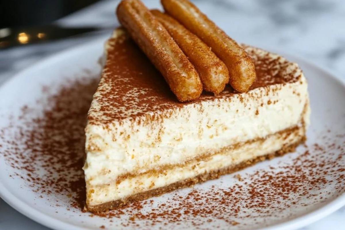 A slice of churro cheesecake with cinnamon sugar topping, layered with cream cheese filling and golden crescent roll crust.