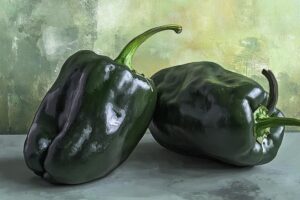 Close-up of fresh poblano peppers, rich in vitamins and antioxidants, promoting health benefits like boosting immunity and supporting heart health.