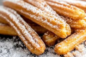 A plate of filled churros topped with cinnamon sugar, chocolate drizzle, and caramel, garnished with crushed nuts and whipped cream.

