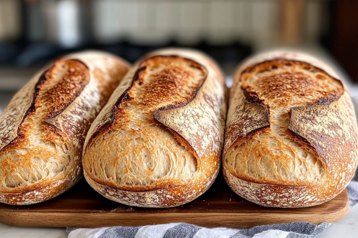 A loaf of freshly baked sourdough sandwich bread with a scored top, resting on a wooden cutting board.