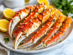Are king crab legs the best? 2 Cooked king crab legs on a platter with butter and lemon for serving