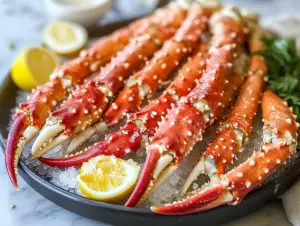 Are king crab legs the best? 4 Cooked king crab legs on a platter with butter and lemon for serving