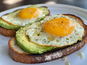 Creamy avocado spread on crispy toast topped with fresh ingredients like eggs, tomatoes, and herbs.