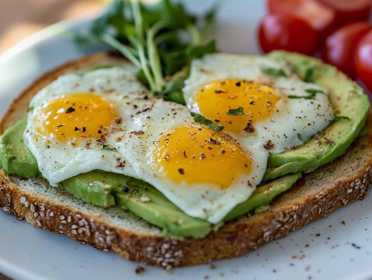 Creamy avocado spread on crispy toast topped with fresh ingredients like eggs, tomatoes, and herbs.