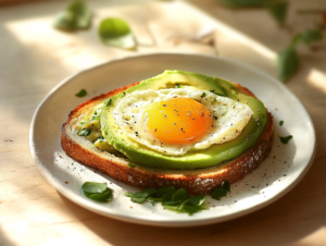 Creamy avocado spread on crispy toast topped with fresh ingredients like eggs, tomatoes, and herbs.