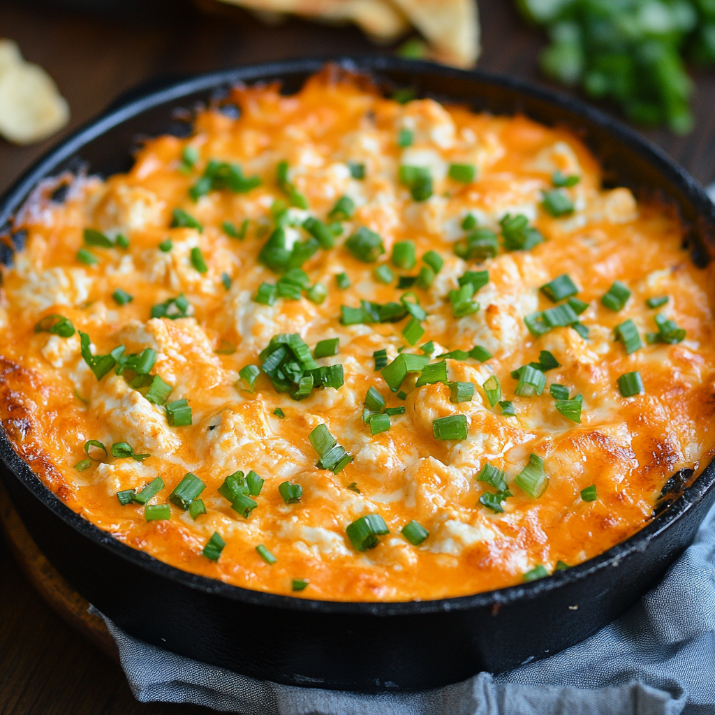 Cheesy Buffalo Chicken Dip served hot with chips and vegetables, perfect for parties and gatherings