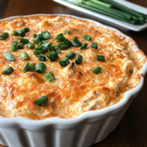 Cheesy Buffalo Chicken Dip served hot with chips and vegetables, perfect for parties and gatherings