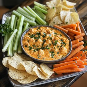 Buffalo chicken dip served with chips, breadsticks, celery, and carrot sticks on a party platter