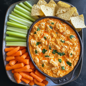 Buffalo chicken dip served with chips, breadsticks, celery, and carrot sticks on a party platter