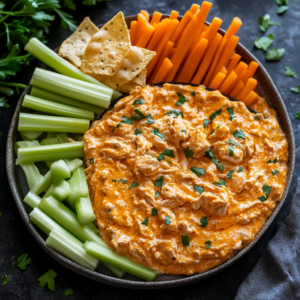 Buffalo chicken dip served with chips, breadsticks, celery, and carrot sticks on a party platter