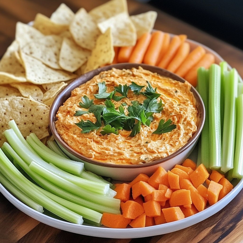 Buffalo chicken dip served with chips, breadsticks, celery, and carrot sticks on a party platter