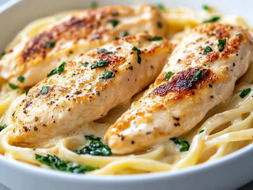 Healthy version of Chicken Alfredo with low-fat ingredients and whole grain pasta for a balanced, diet-friendly meal