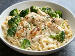 A bowl of creamy Chicken Alfredo with broccoli served with whole grain pasta and garnished with fresh herbs.