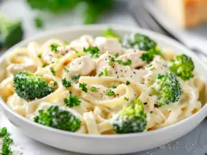 A bowl of creamy Chicken Alfredo with broccoli served with whole grain pasta and garnished with fresh herbs.