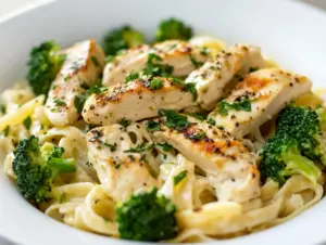 A bowl of creamy Chicken Alfredo with broccoli served with whole grain pasta and garnished with fresh herbs.