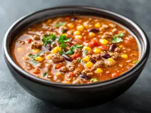 How many calories are in a bowl of taco soup? 3 Bowl of taco soup with lean ground turkey, beans, corn, and tomatoes, topped with fresh cilantro and a lime wedge.