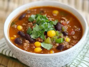 How many calories are in a bowl of taco soup? 2 Bowl of taco soup with lean ground turkey, beans, corn, and tomatoes, topped with fresh cilantro and a lime wedge.