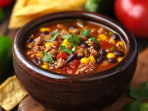 How many calories are in a bowl of taco soup? 4 Bowl of taco soup with lean ground turkey, beans, corn, and tomatoes, topped with fresh cilantro and a lime wedge.