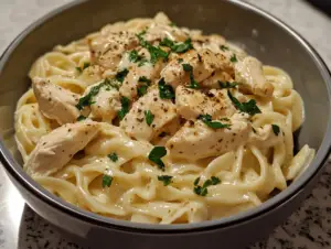 How many calories in a bowl of homemade Chicken Alfredo? 2 Homemade Chicken Alfredo with low-calorie ingredients and healthy pasta substitutes