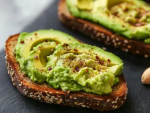 Is it OK to eat avocado toast every day ? 3 A delicious avocado toast with eggs, tomatoes, and greens on whole-grain bread, highlighting a balanced and healthy meal option.