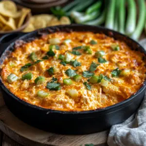 What is buffalo chicken dip made of? 3 Buffalo chicken dip made with shredded chicken, cream cheese, hot sauce, and cheddar cheese, served with tortilla chips.