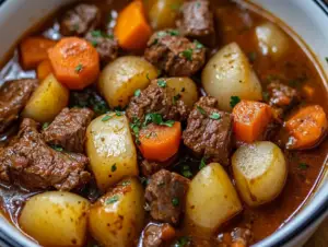 What is the beef stew setting on Instant Pot? 2 Instant Pot displaying beef stew setting with a rich, hearty stew in progress
