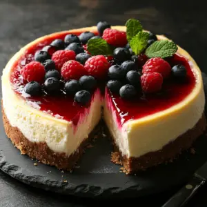 What is the secret to the best cheesecake? 3 A perfectly baked cheesecake with a golden graham cracker crust and creamy filling, topped with fresh fruit and mint.
