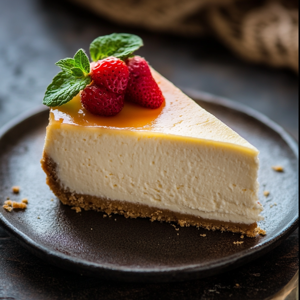 A perfectly baked cheesecake with a golden graham cracker crust and creamy filling, topped with fresh fruit and mint.