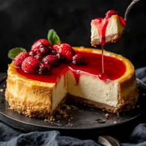 What is the secret to the best cheesecake? 2 A perfectly baked cheesecake with a golden graham cracker crust and creamy filling, topped with fresh fruit and mint.
