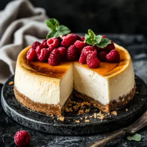What is the secret to the best cheesecake? 4 A perfectly baked cheesecake with a golden graham cracker crust and creamy filling, topped with fresh fruit and mint.