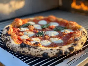 What temperature should I set my Ooni Koda 12 for pizza? 4 Ooni Koda 12 pizza oven with pizza being cooked at high temperature