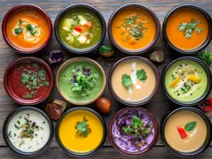 Who sells Weight Watchers soups? 2 A bowl of Weight Watchers-friendly soup with lean chicken, vegetables, and a low-sodium broth, served with a spoon on the side.