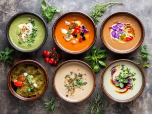 Who sells Weight Watchers soups? 3 A bowl of Weight Watchers-friendly soup with lean chicken, vegetables, and a low-sodium broth, served with a spoon on the side.