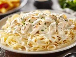 Why does Chicken Alfredo have so many calories? 3 Plate of creamy Chicken Alfredo pasta with grilled chicken and Parmesan cheese.