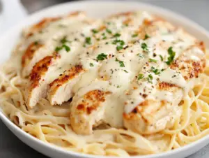 Why does Chicken Alfredo have so many calories? 2 Plate of creamy Chicken Alfredo pasta with grilled chicken and Parmesan cheese.