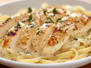 Why does Chicken Alfredo have so many calories? 4 Plate of creamy Chicken Alfredo pasta with grilled chicken and Parmesan cheese.