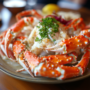 Freshly prepared king crab legs served with melted butter and lemon wedges