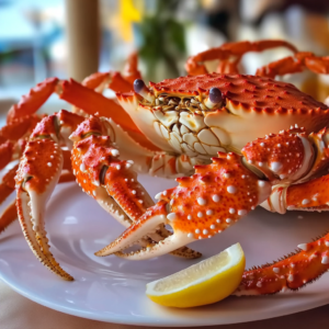 Freshly prepared king crab legs served with melted butter and lemon wedges