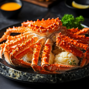 Freshly prepared king crab legs served with melted butter and lemon wedges