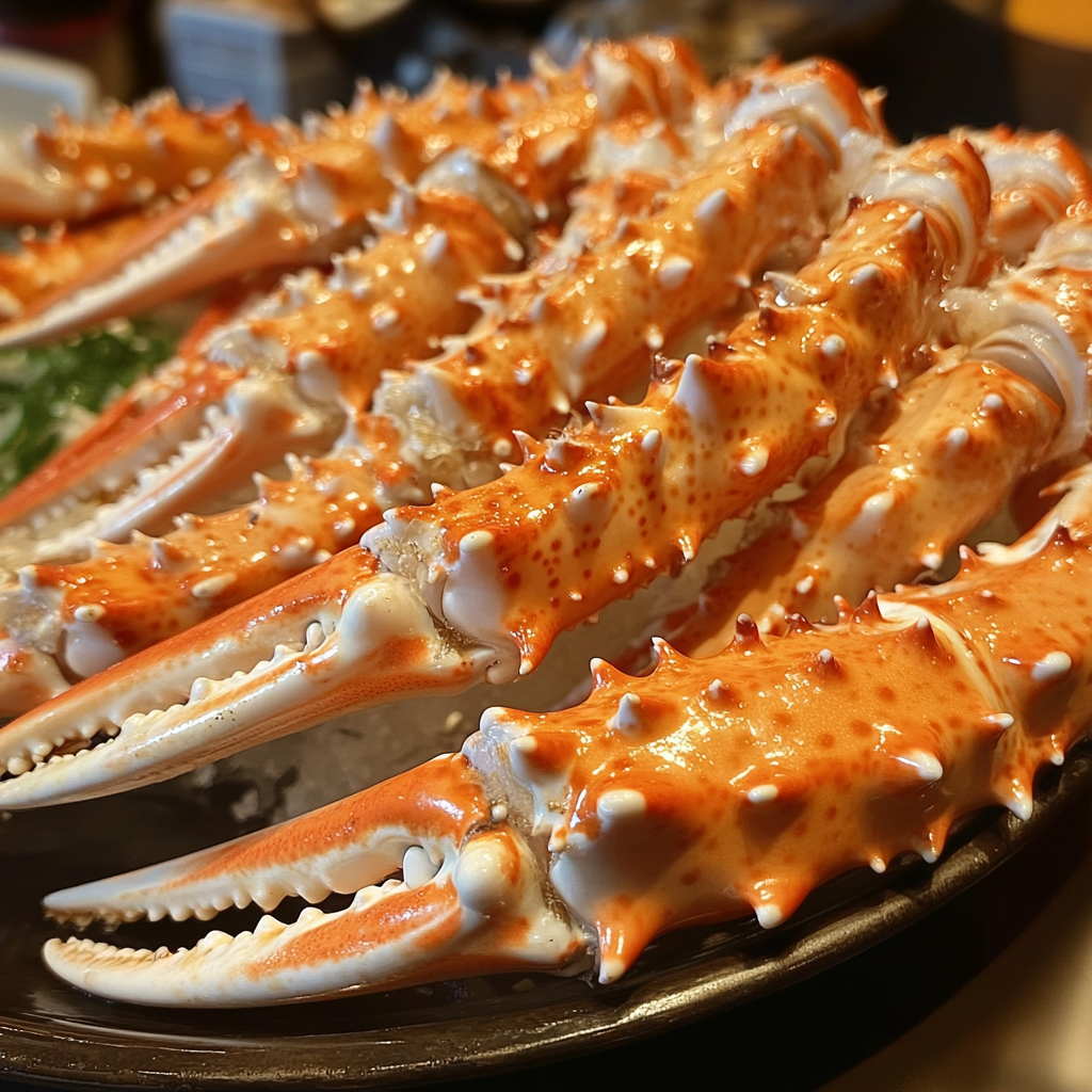 Freshly prepared king crab legs served with melted butter and lemon wedges