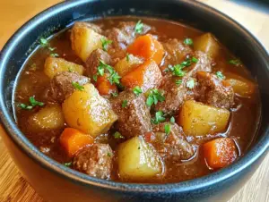 beef stew instant pot 2 A hearty bowl of beef stew made in an Instant Pot, featuring tender beef chunks, potatoes, carrots, and fresh herbs.