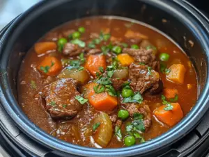 beef stew instant pot 3 A hearty bowl of beef stew made in an Instant Pot, featuring tender beef chunks, potatoes, carrots, and fresh herbs.