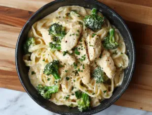 chicken and broccoli alfredo no pasta calories 3 Chicken and broccoli Alfredo without pasta served in a creamy sauce, garnished with fresh herbs in a low-carb, keto-friendly dish.