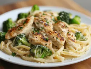 chicken and broccoli alfredo no pasta calories 2 Chicken and broccoli Alfredo without pasta served in a creamy sauce, garnished with fresh herbs in a low-carb, keto-friendly dish.